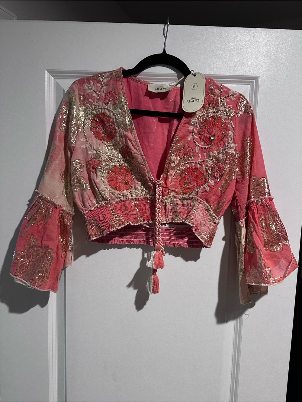 PAPA PIA Pink Coral Embroidered Tie-Front Long Sleeve Top and Skirt